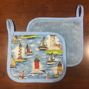 2 Lighthouse and Sailboat Handcrafted Potholders